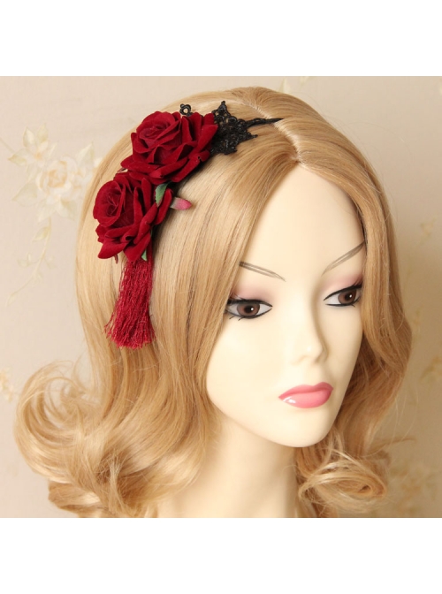 Gothic Retro Halloween Christmas Retro Red Rose Lace Tassel Headband