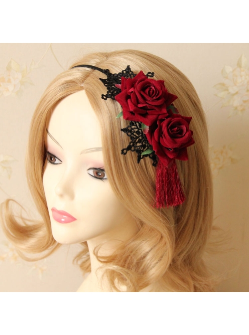 Gothic Retro Halloween Christmas Retro Red Rose Lace Tassel Headband