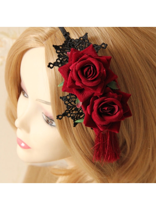 Gothic Retro Halloween Christmas Retro Red Rose Lace Tassel Headband