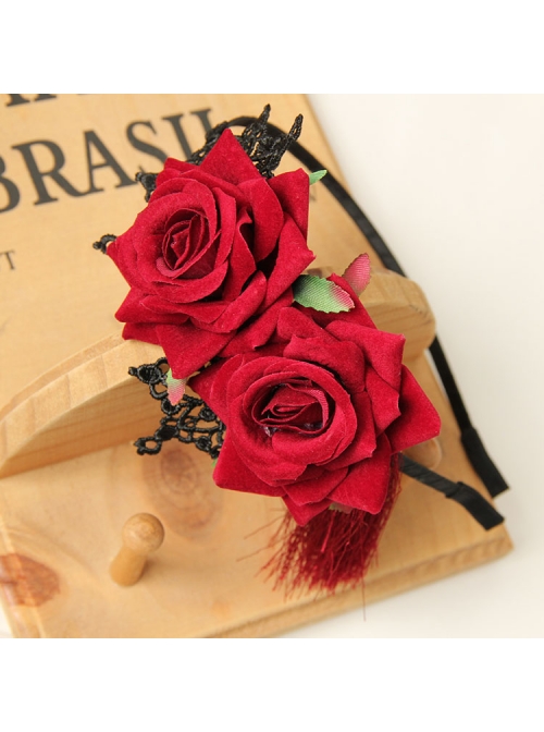 Gothic Retro Halloween Christmas Retro Red Rose Lace Tassel Headband