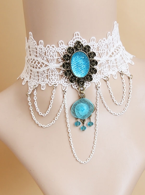 Gothic Fashion Bride Wedding Prom White Lace Sapphire Female Choker
