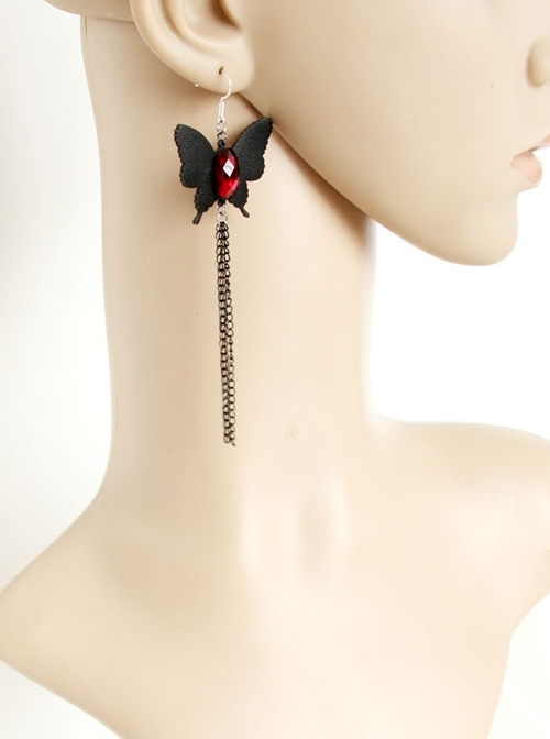 Gothic Retro Fashion Black Handmade Tassel Butterfly Ruby Earrings