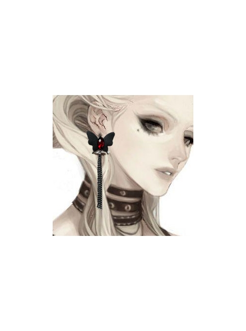 Gothic Retro Fashion Black Handmade Tassel Butterfly Ruby Earrings