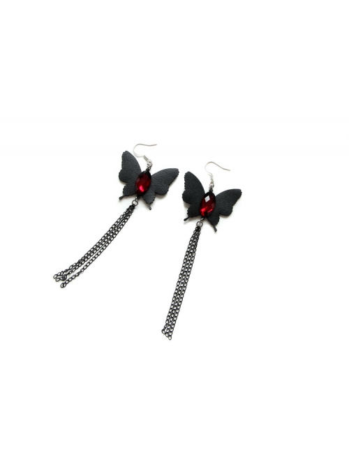 Gothic Retro Fashion Black Handmade Tassel Butterfly Ruby Earrings