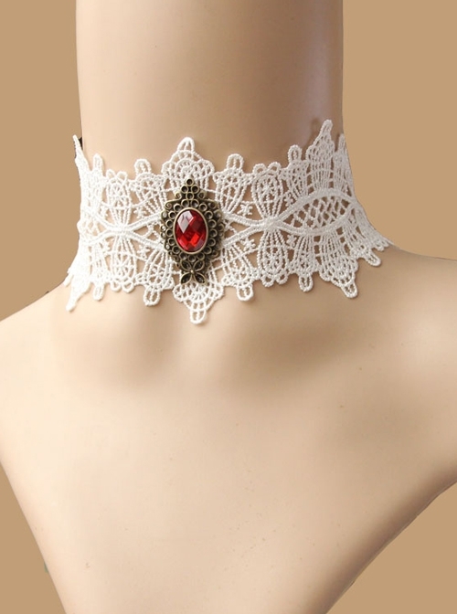 Vintage Fashion Lolita Ruby White Lace Diamond Lady Choker
