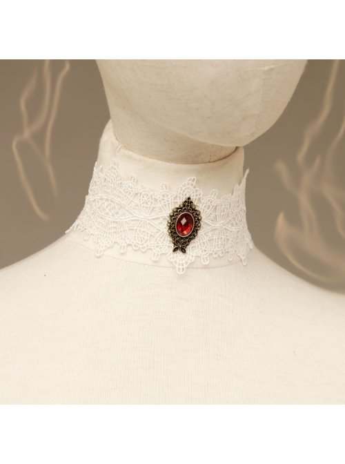 Vintage Fashion Lolita Ruby White Lace Diamond Lady Choker