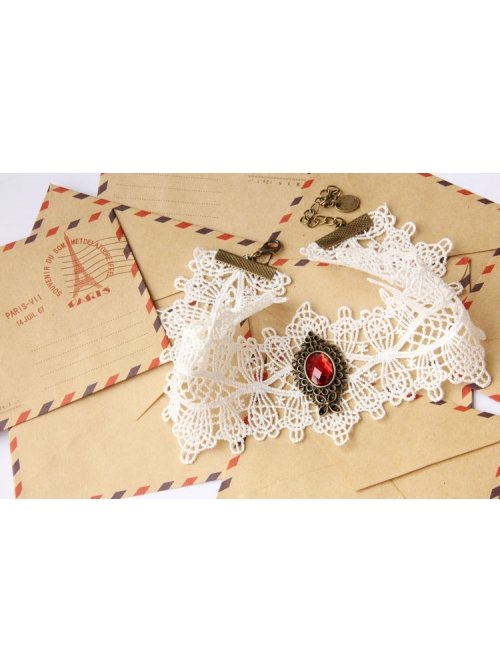 Vintage Fashion Lolita Ruby White Lace Diamond Lady Choker