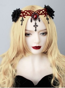 Gothic Black Flowers Ruby Vampire Grim Reaper Cross Halloween Prom Female Crown Hairband