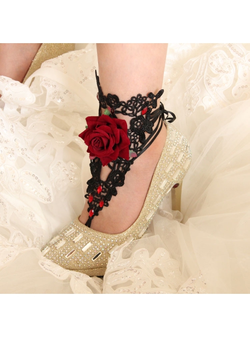 Retro Fashion Gothic Rose Flower Black Lace Ruby Lace Anklet