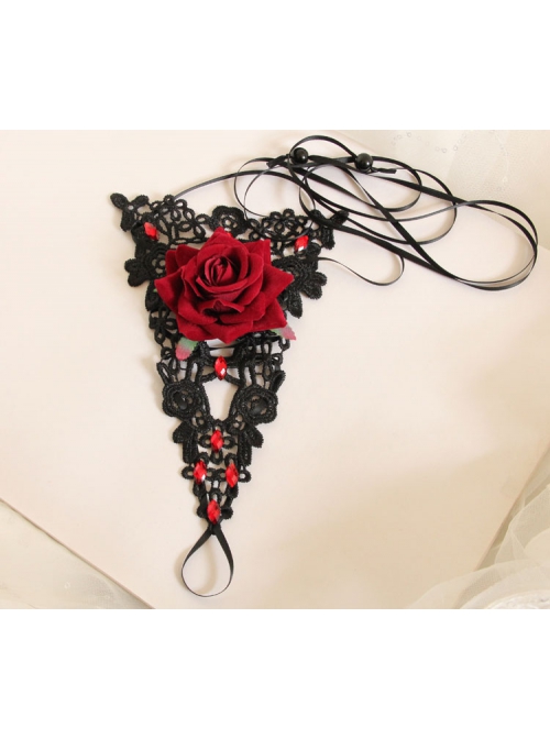 Retro Fashion Gothic Rose Flower Black Lace Ruby Lace Anklet