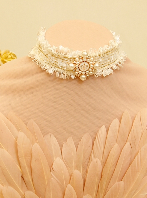 Lolita Queen Palace Style Princess White Lace Pearl Velvet Rope Choker