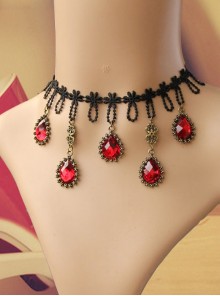 Gothic Fashion Exaggerated Female Black Lace Alloy Ruby Bride Handmade Choker