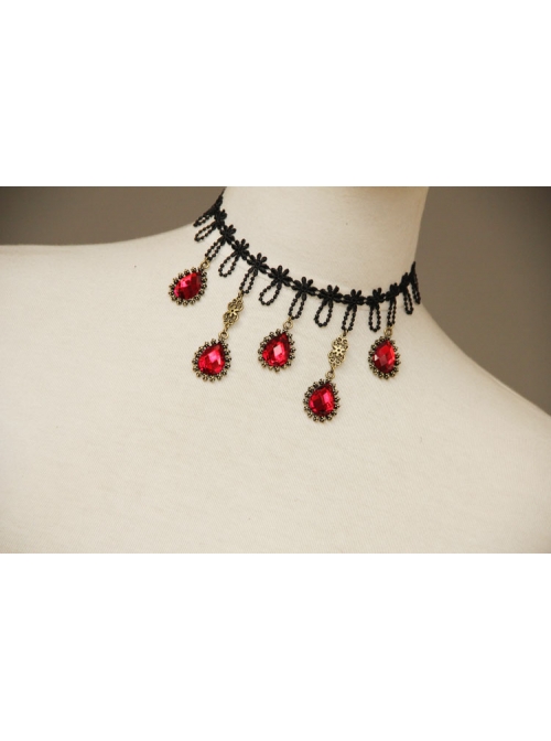 Gothic Fashion Exaggerated Female Black Lace Alloy Ruby Bride Handmade Choker