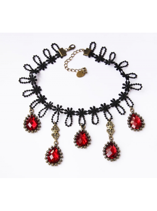 Gothic Fashion Exaggerated Female Black Lace Alloy Ruby Bride Handmade Choker