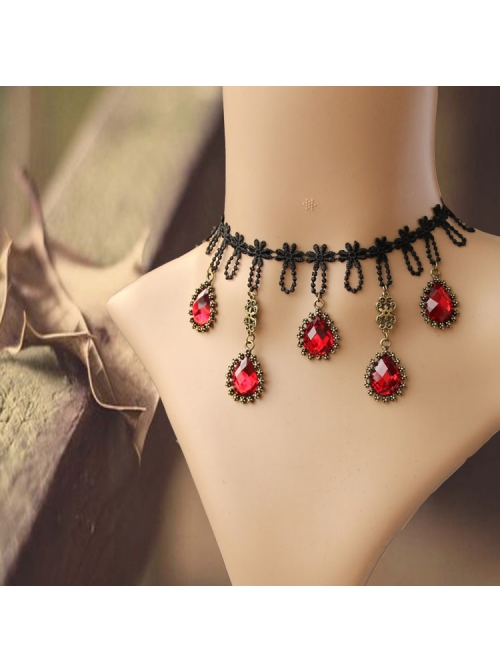 Gothic Fashion Exaggerated Female Black Lace Alloy Ruby Bride Handmade Choker