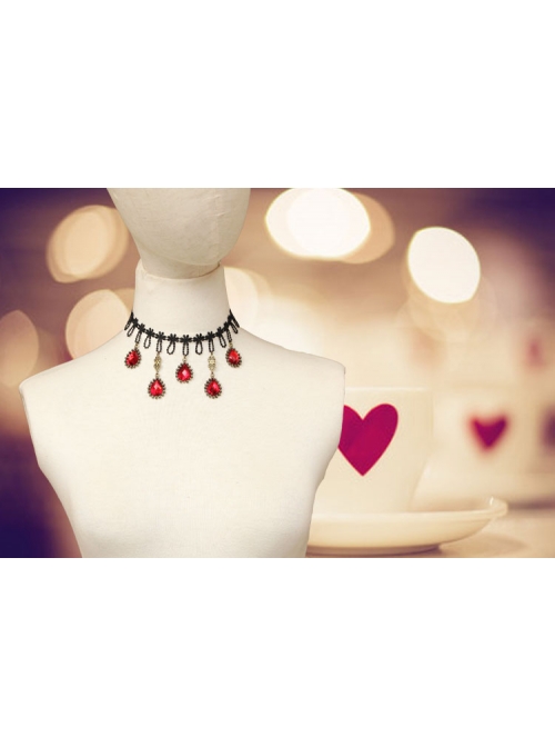 Gothic Fashion Exaggerated Female Black Lace Alloy Ruby Bride Handmade Choker