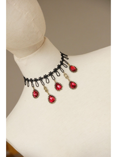 Gothic Fashion Exaggerated Female Black Lace Alloy Ruby Bride Handmade Choker