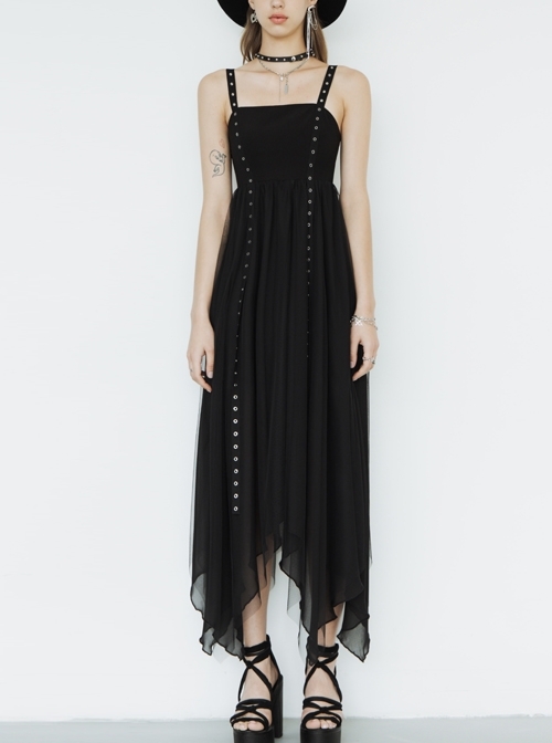 Metal Eyelets Shoulder Strap Irregular Hem Black Punk Long Chiffon Slip Dress