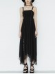 Metal Eyelets Shoulder Strap Irregular Hem Black Punk Long Chiffon Slip Dress