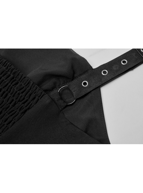 Metal Eyelets Shoulder Strap Irregular Hem Black Punk Long Chiffon Slip Dress