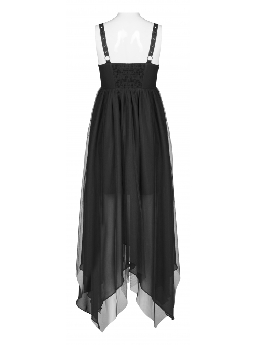 Metal Eyelets Shoulder Strap Irregular Hem Black Punk Long Chiffon Slip Dress