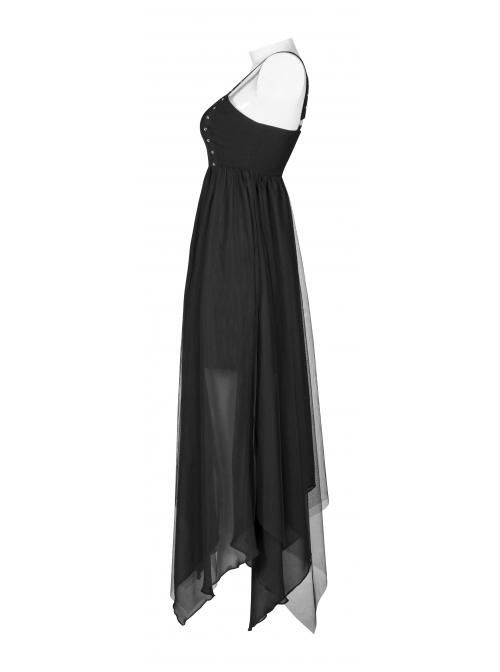 Metal Eyelets Shoulder Strap Irregular Hem Black Punk Long Chiffon Slip Dress