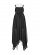 Metal Eyelets Shoulder Strap Irregular Hem Black Punk Long Chiffon Slip Dress