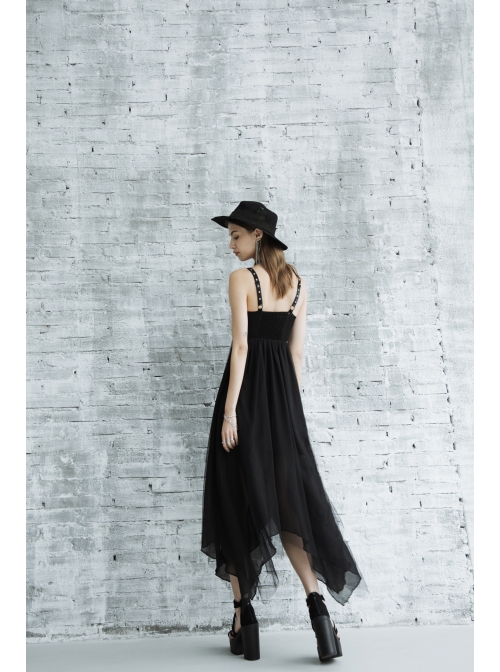 Metal Eyelets Shoulder Strap Irregular Hem Black Punk Long Chiffon Slip  Dress - Magic Wardrobes