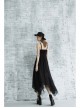Metal Eyelets Shoulder Strap Irregular Hem Black Punk Long Chiffon Slip Dress