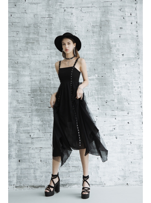 Metal Eyelets Shoulder Strap Irregular Hem Black Punk Long Chiffon Slip Dress