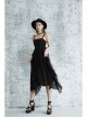 Metal Eyelets Shoulder Strap Irregular Hem Black Punk Long Chiffon Slip Dress