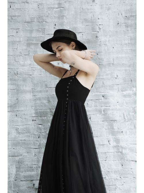 Metal Eyelets Shoulder Strap Irregular Hem Black Punk Long Chiffon Slip Dress