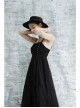 Metal Eyelets Shoulder Strap Irregular Hem Black Punk Long Chiffon Slip Dress