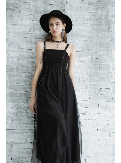 Metal Eyelets Shoulder Strap Irregular Hem Black Punk Long Chiffon Slip Dress