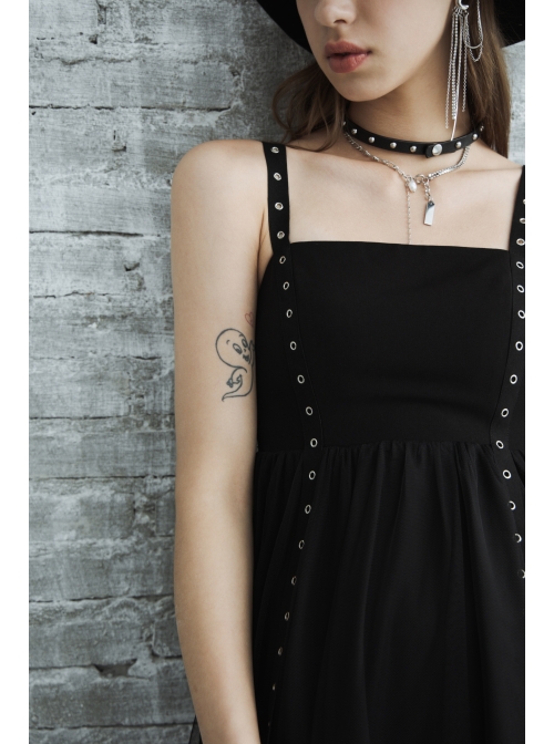 Metal Eyelets Shoulder Strap Irregular Hem Black Punk Long Chiffon Slip Dress