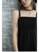 Metal Eyelets Shoulder Strap Irregular Hem Black Punk Long Chiffon Slip Dress
