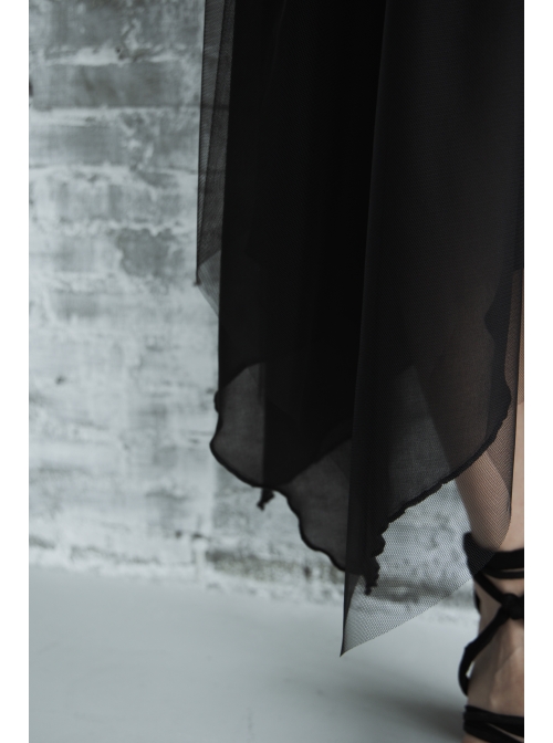 Metal Eyelets Shoulder Strap Irregular Hem Black Punk Long Chiffon Slip Dress