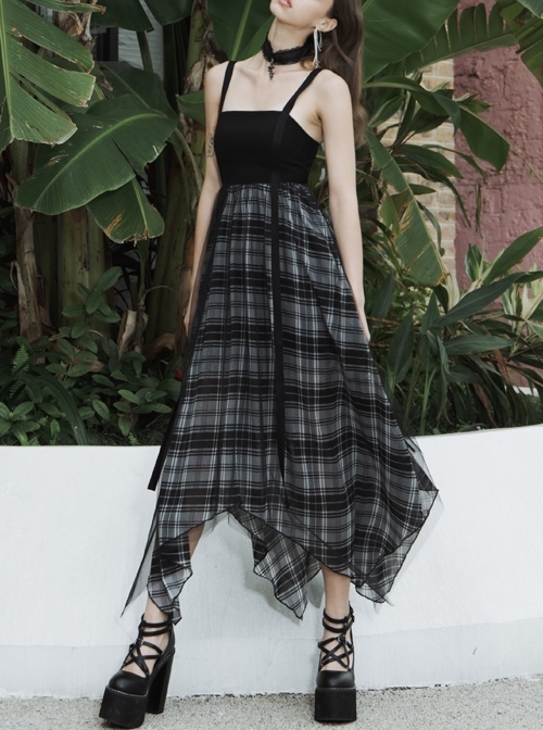 Metal Eyelets Shoulder Strap Irregular Hem Black Plaid Punk Long Chiffon Slip Dress