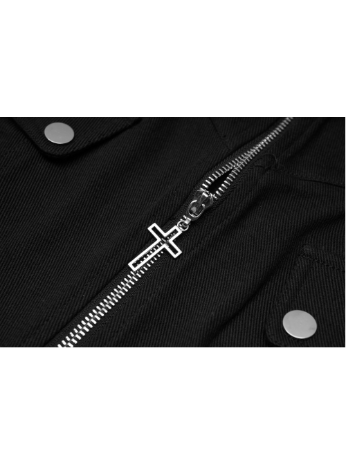 High Waist Front Zipper Metal Eyelets Belt Side Pocket Black Punk Denim Skirt
