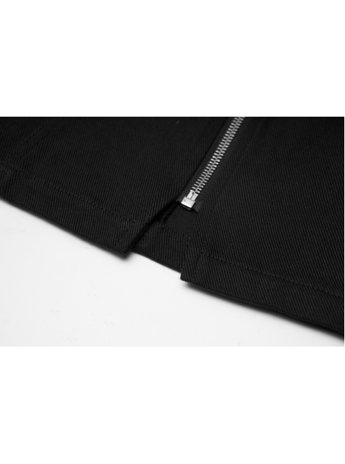 High Waist Front Zipper Metal Eyelets Belt Side Pocket Black Punk Denim Skirt