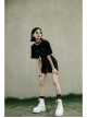 High Waist Front Zipper Metal Eyelets Belt Side Pocket Black Punk Denim Skirt