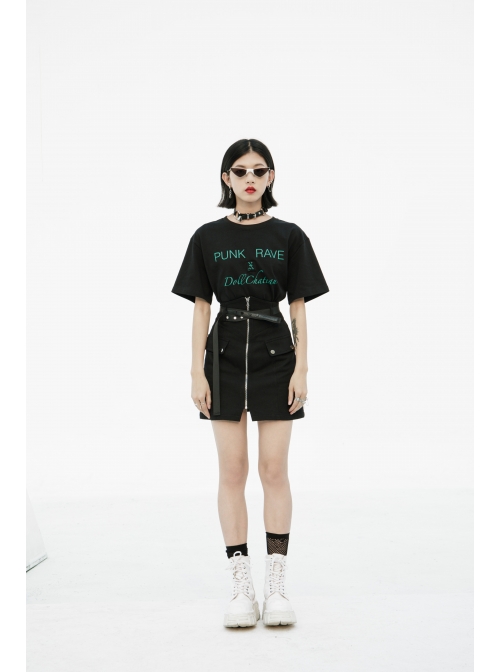 High Waist Front Zipper Metal Eyelets Belt Side Pocket Black Punk Denim Skirt