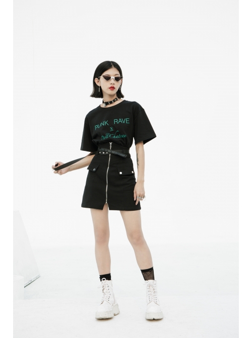 High Waist Front Zipper Metal Eyelets Belt Side Pocket Black Punk Denim Skirt