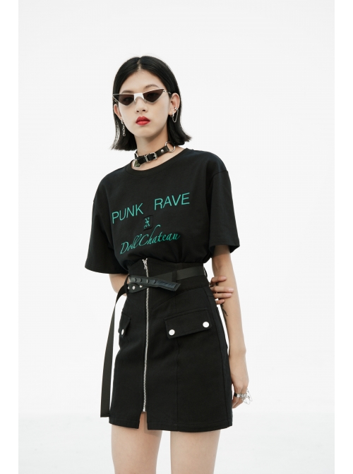 High Waist Front Zipper Metal Eyelets Belt Side Pocket Black Punk Denim Skirt