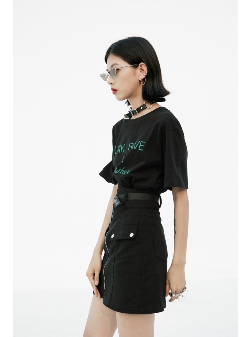 High Waist Front Zipper Metal Eyelets Belt Side Pocket Black Punk Denim Skirt