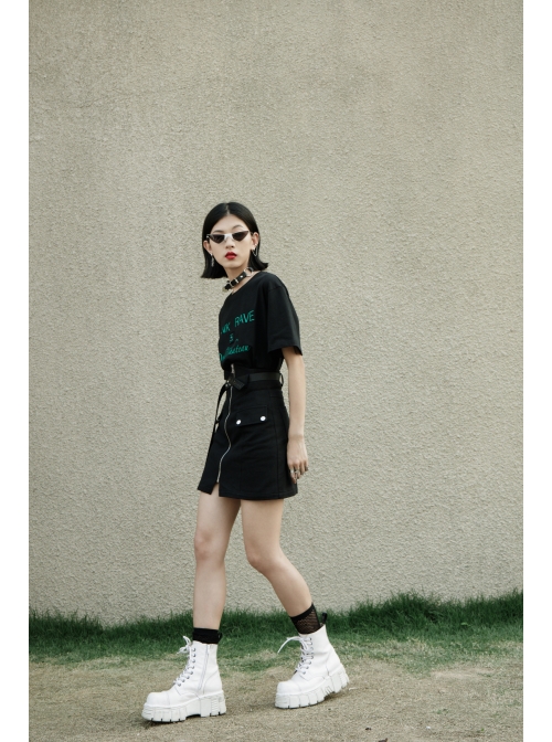 High Waist Front Zipper Metal Eyelets Belt Side Pocket Black Punk Denim Skirt
