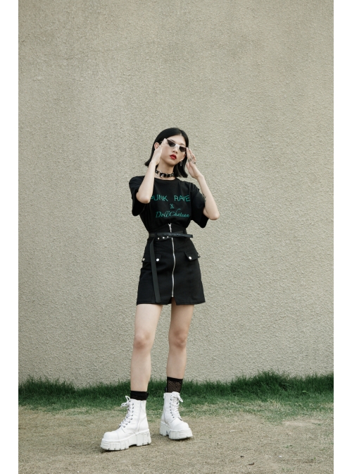 High Waist Front Zipper Metal Eyelets Belt Side Pocket Black Punk Denim Skirt
