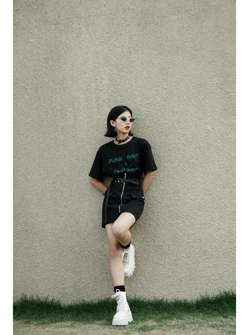 High Waist Front Zipper Metal Eyelets Belt Side Pocket Black Punk Denim Skirt