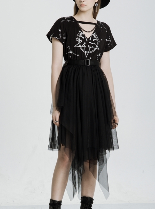 V-Neck Front Chest Print Buckle Belt Irregular Mesh Hem Black Punk Dress