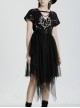 V-Neck Front Chest Print Buckle Belt Irregular Mesh Hem Black Punk Dress
